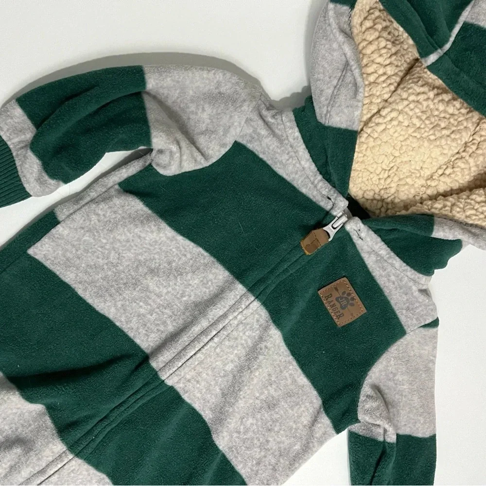 Carters • Dark Green Grey Striped Hooded Baby Fleece Footies